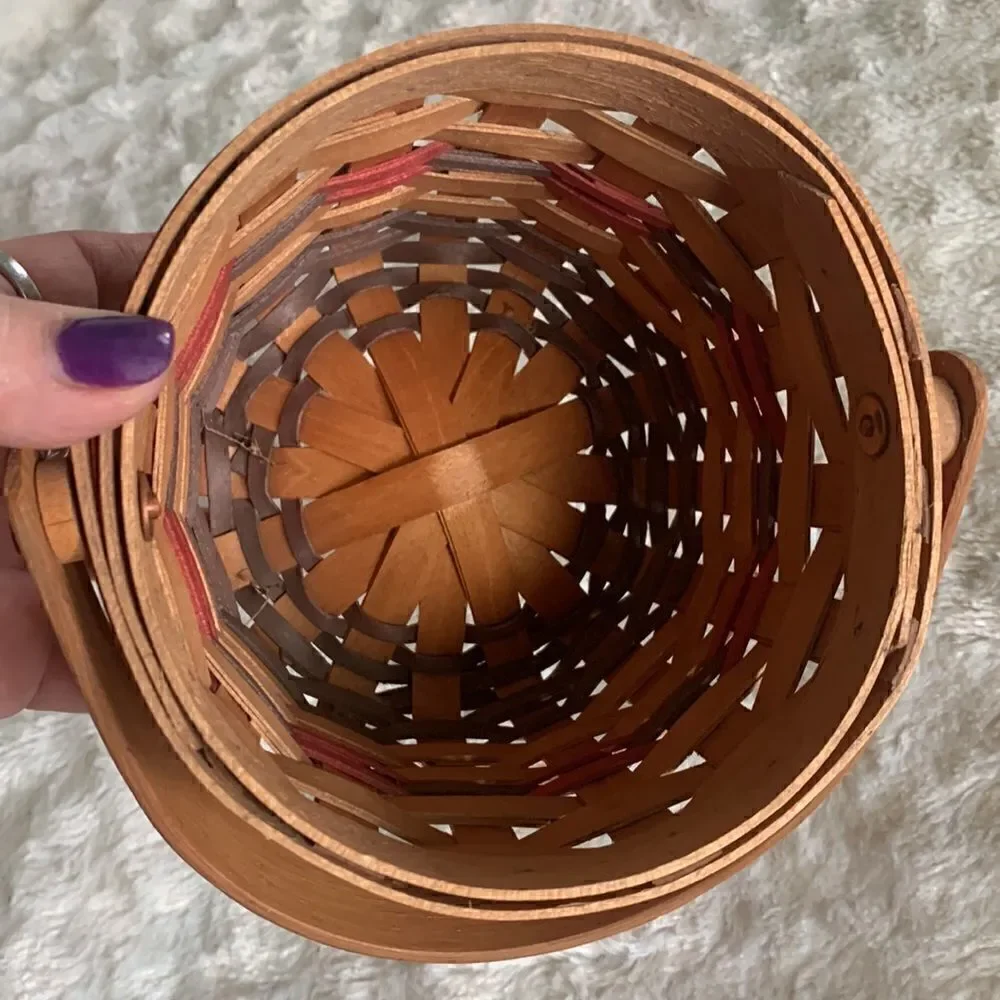 Henn Workshops Woven Wooden Basket w/Handle Hand Crafted Vintage 1998